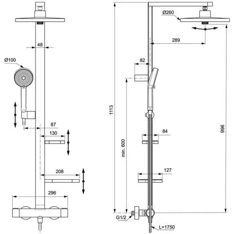 Coloana dus cu baterie si termostat Ideal Standard Ceraflow Alu+ si doua rafturi, argintiu mat