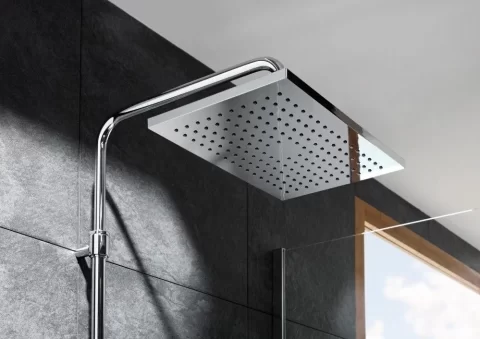 Coloana dus cu baterie fara termostat Roca Even-M, cu inaltime ajustabila si polita, cap dus 36x24 cm
