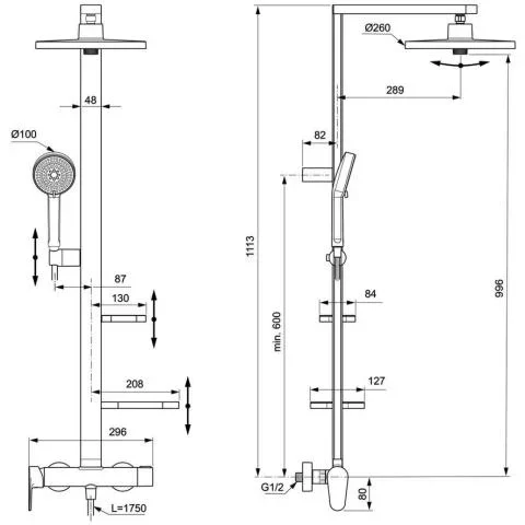 Coloana dus cu baterie fara termostat Ideal Standard Ceraflow Alu+ si doua rafturi, negru mat