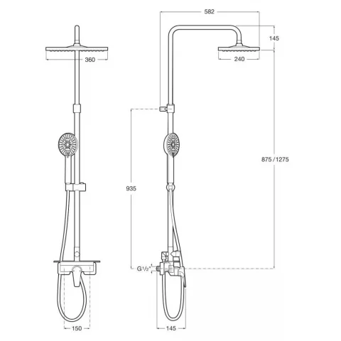 Coloana dus cu baterie fara termostat Roca Even-M, cu inaltime ajustabila si polita, cap dus 36x24 cm