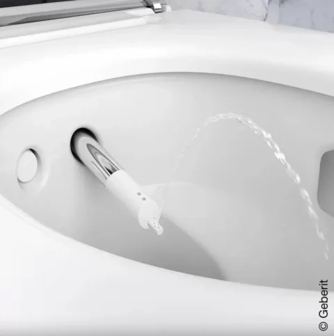 Vas wc suspendat, cu functie de bideu, capac soft close, alb – crom lucios, Geberit AquaClean, Mera Comfort