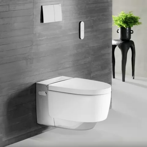 Vas wc suspendat, cu functie de bideu, capac soft close, alb – crom lucios, Geberit AquaClean, Mera Comfort