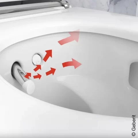 Vas wc suspendat, cu functie de bideu, capac soft close, alb – crom lucios, Geberit AquaClean, Mera Comfort