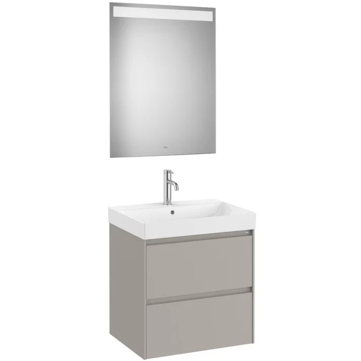 Set mobilier baie 60x46xH65 cm, lavoar si oglinda LED, Roca Ona gri mat