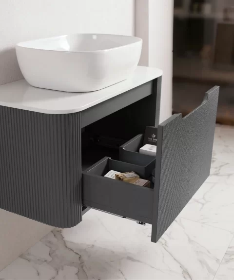 Set complet mobilier baie suspendat Milano cu lavoar si oglinda LED rotunda – Gri