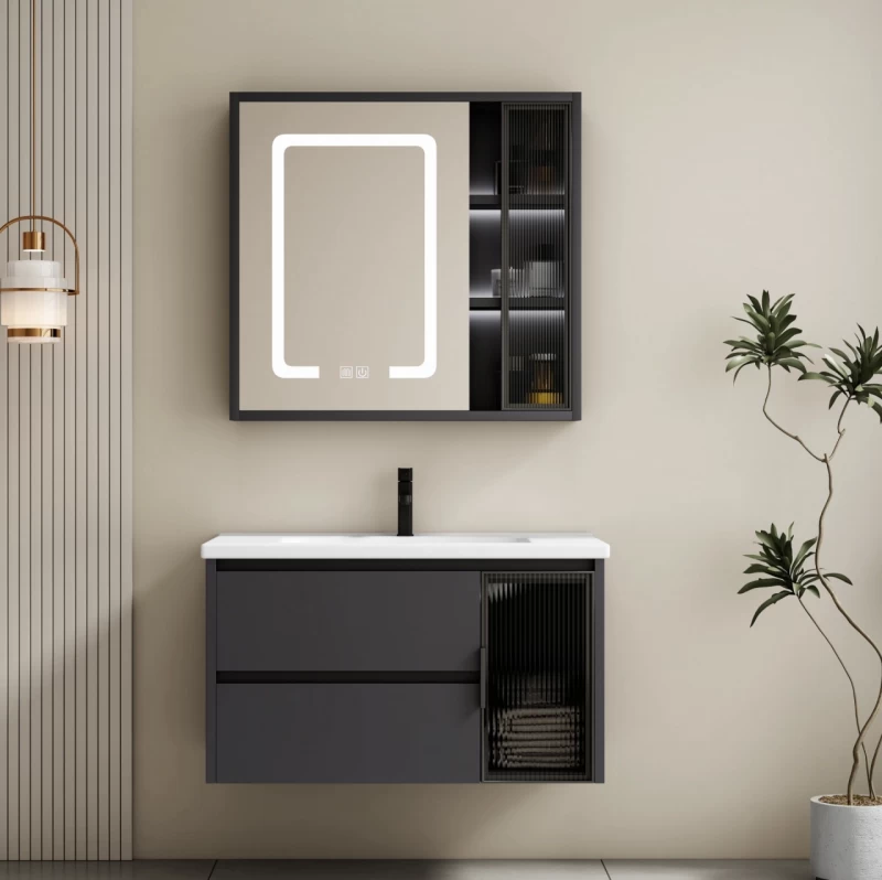 Set complet mobilier baie suspendat Aveline cu lavoar si dulap cu oglinda LED – gri