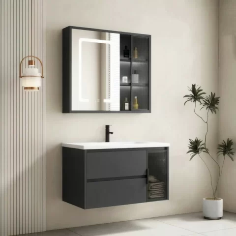 Set complet mobilier baie suspendat Aveline cu lavoar si dulap cu oglinda LED – gri