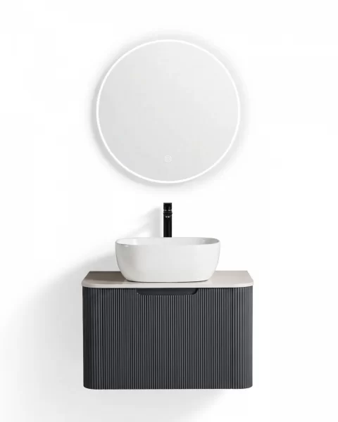 Set complet mobilier baie suspendat Milano cu lavoar si oglinda LED rotunda – Gri