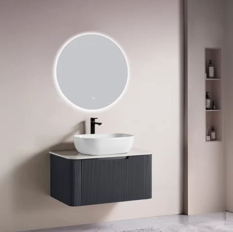 Set complet mobilier baie suspendat Milano cu lavoar si oglinda LED rotunda – Gri
