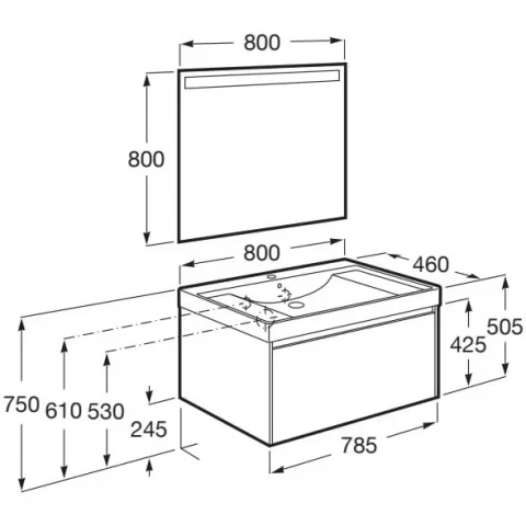 Set mobilier baie 80x46xH50 cm, lavoar si oglinda LED Roca Ona gri mat