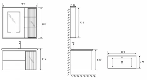 Set complet mobilier baie suspendat Aveline cu lavoar si dulap cu oglinda LED – gri