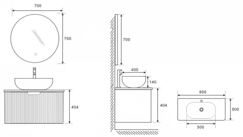 Set complet mobilier baie suspendat Milano cu lavoar si oglinda LED rotunda – Gri