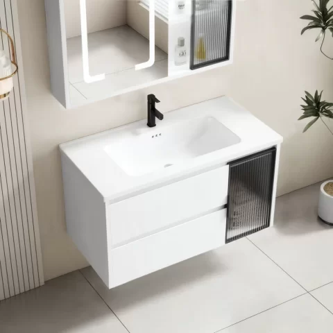 Set complet mobilier baie suspendat Aveline cu lavoar si dulap cu oglinda LED – alb