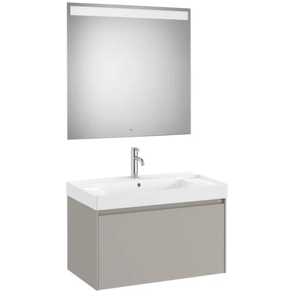 Set mobilier baie 80x46xH50 cm, lavoar si oglinda LED Roca Ona gri mat