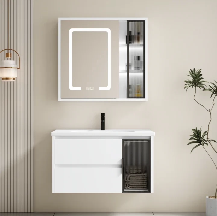 Set complet mobilier baie suspendat Aveline cu lavoar si dulap cu oglinda LED – alb