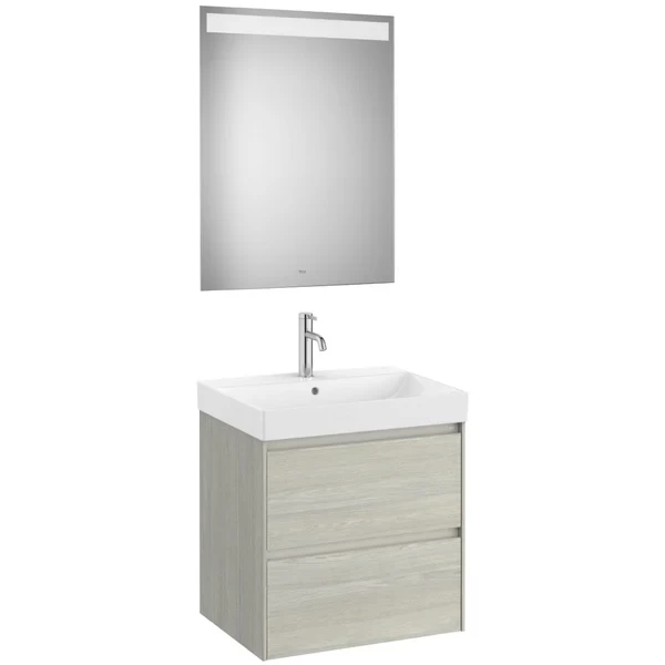 Set mobilier baie 65x46xH65 cm, lavoar si oglinda LED Roca Ona bej