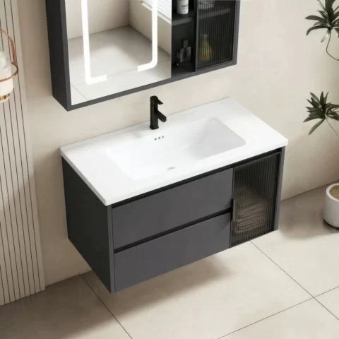 Set complet mobilier baie suspendat Aveline cu lavoar si dulap cu oglinda LED – gri