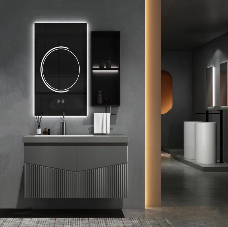 Set mobilier baie suspendat Kyoto cu lavoar și dulap cu oglindă LED – gri