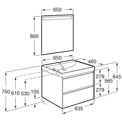 Set mobilier baie 65x46xH65 cm, lavoar si oglinda LED Roca Ona bej