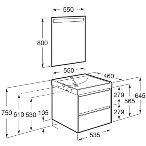 Set mobilier baie 55x46xH65 cm, lavoar si oglinda LED Roca Ona alb mat