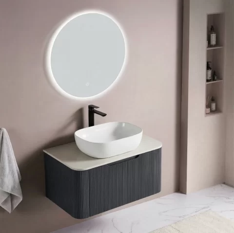 Set complet mobilier baie suspendat Milano cu lavoar si oglinda LED rotunda – Gri