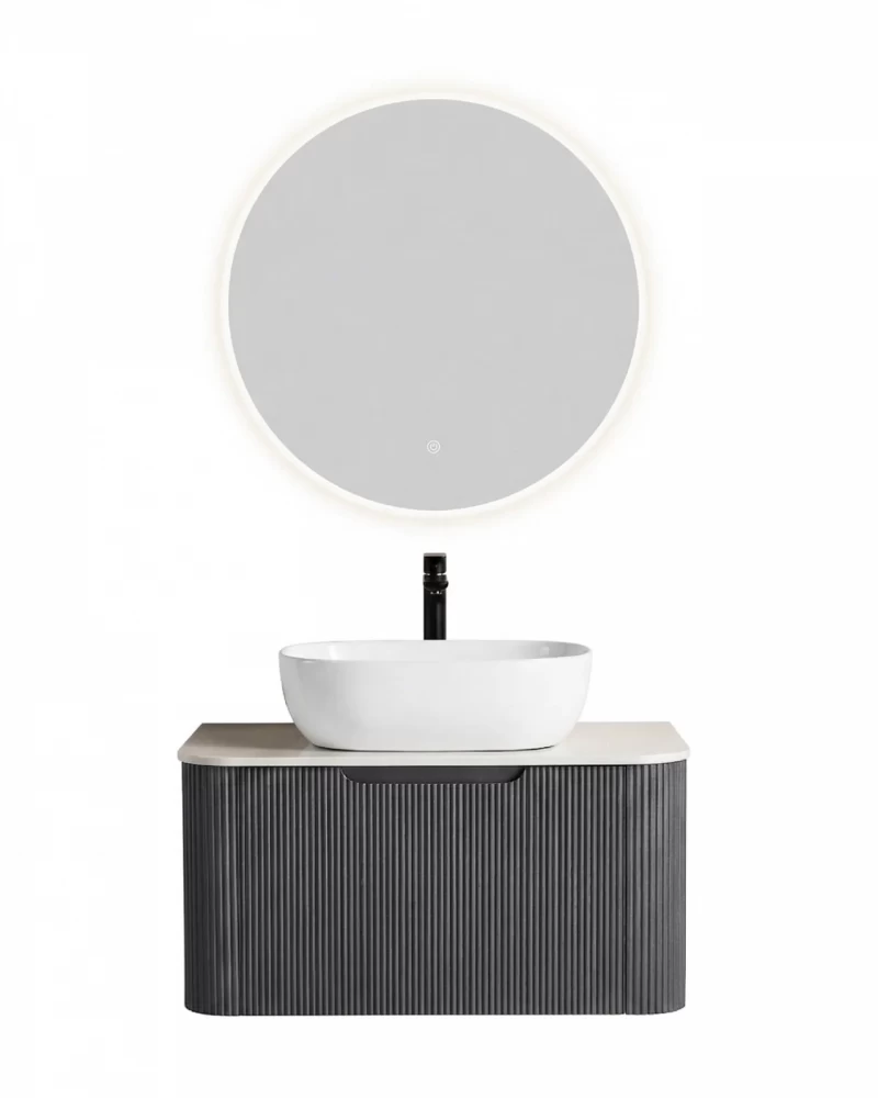 Set complet mobilier baie suspendat Milano cu lavoar si oglinda LED rotunda – Gri