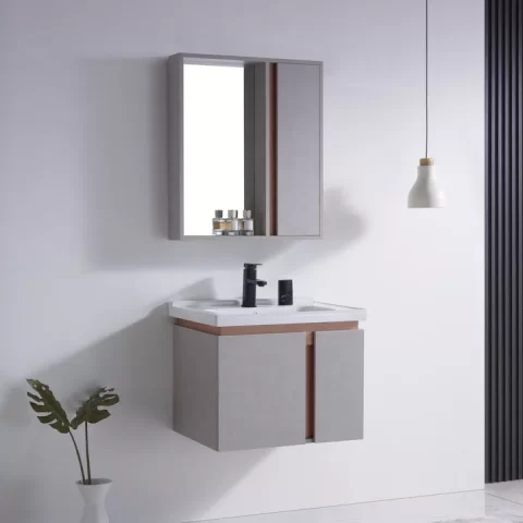 Set complet mobilier baie suspendat Belmont cu lavoar și dulap cu oglindă – gri