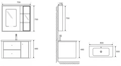 Set complet mobilier baie suspendat Serena cu lavoar și dulap cu oglindă LED – verde fistic