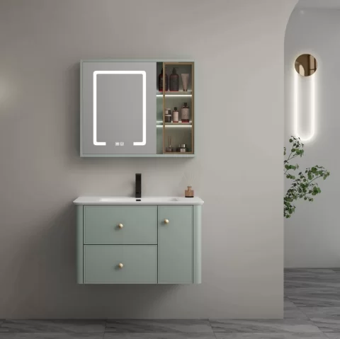 Set complet mobilier baie suspendat Serena cu lavoar și dulap cu oglindă LED – verde fistic