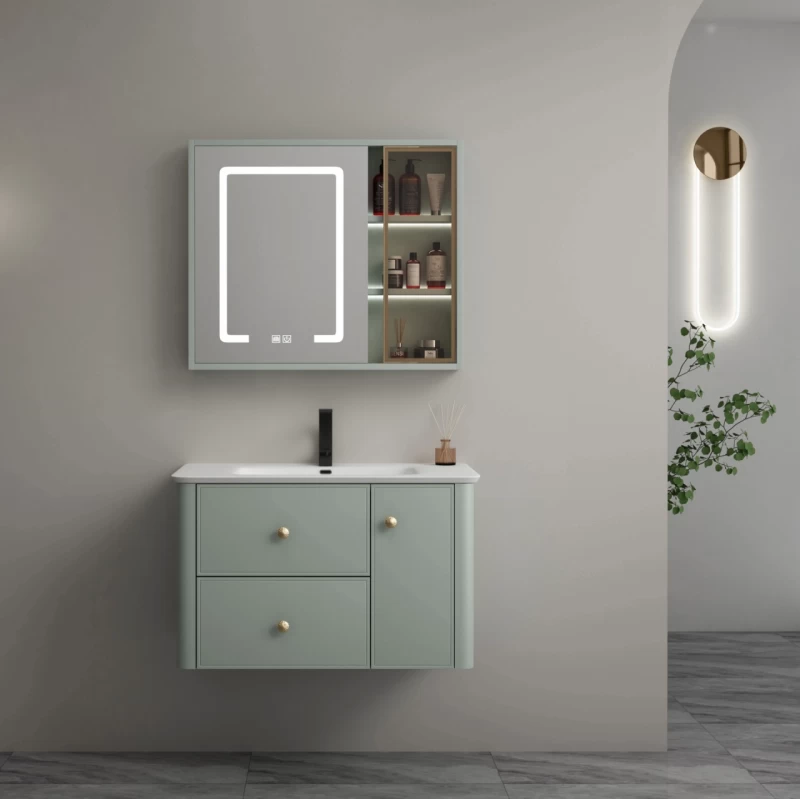 Set complet mobilier baie suspendat Serena cu lavoar și dulap cu oglindă LED – verde fistic