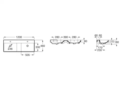 Lavoar suspendat dublu Roca Ona 120x46 cm Fineceramic, negru mat