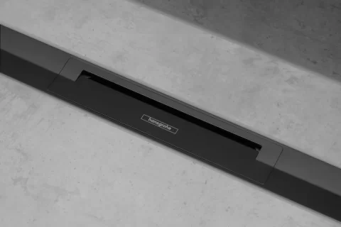 Rigolă liniară de duș cu grătar din inox 900, la nivelul solului, opțiune scurtare, negru mat 