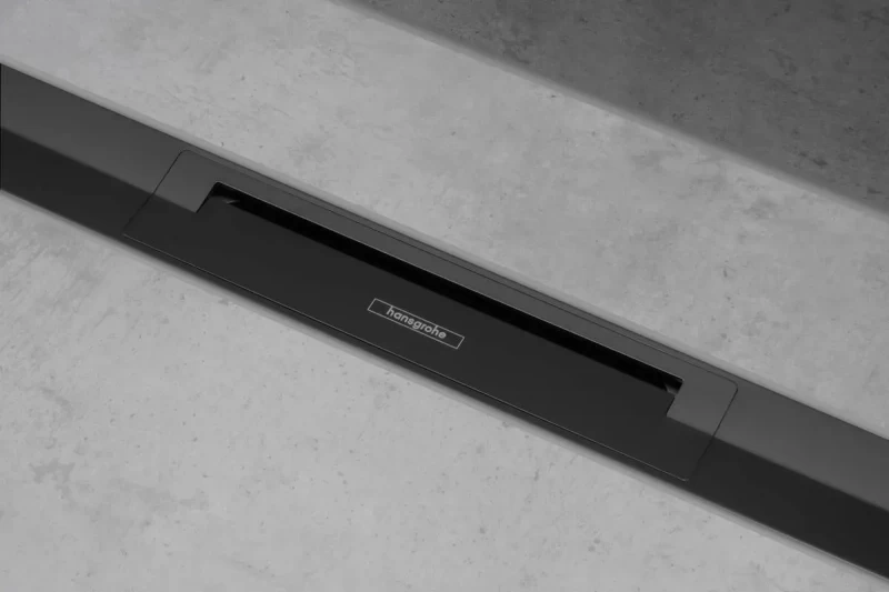 Rigolă liniară de duș cu grătar din inox 900, la nivelul solului, opțiune scurtare, negru mat 