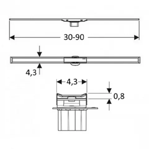 Canal Uniflex Sistem Instalare dus 900 MM,Scurgere orizontala,Picioare si Sifon
