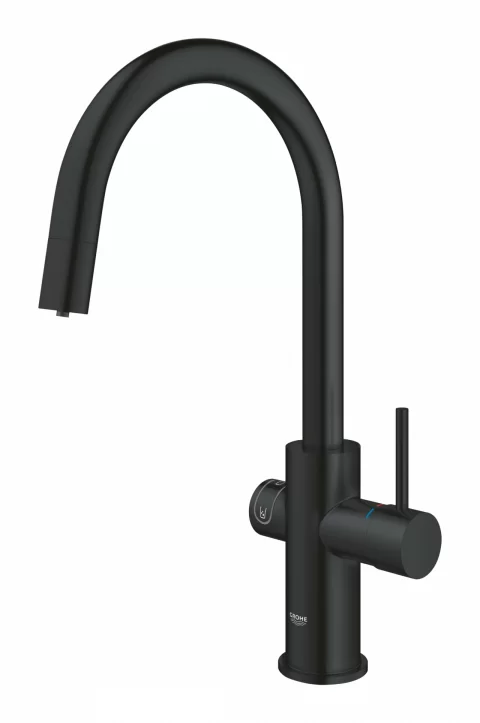 Baterie de bucatarie Grohe Blue Home, 3/8'', pipa inalta, Tip C, filtrare, racire, apa carbogazoasa, dus, Smart, mat, negru