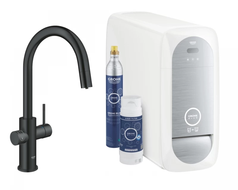 Baterie de bucatarie Grohe Blue Home, 3/8'', pipa inalta, Tip C, filtrare, racire, apa carbogazoasa, dus, Smart, mat, negru