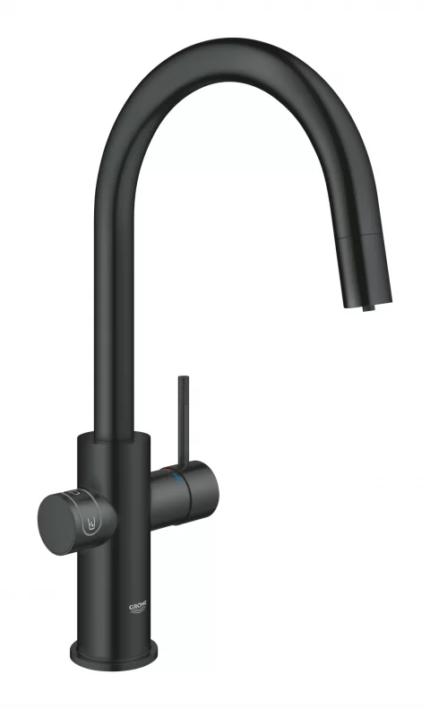 Baterie de bucatarie Grohe Blue Home, 3/8'', pipa inalta, Tip C, filtrare, racire, apa carbogazoasa, dus, Smart, mat, negru