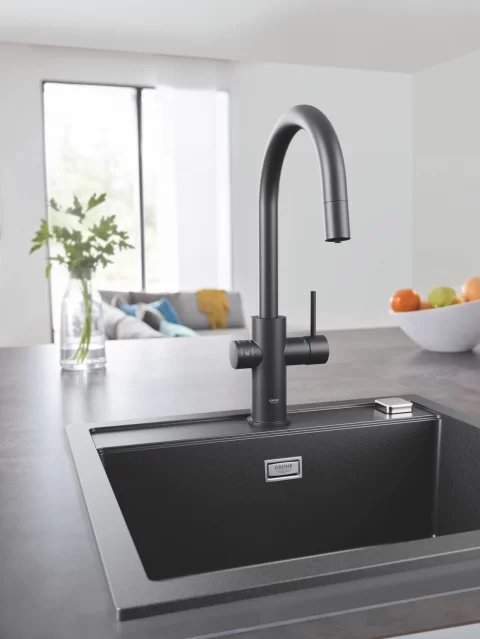 Baterie de bucatarie Grohe Blue Home, 3/8'', pipa inalta, Tip C, filtrare, racire, apa carbogazoasa, dus, Smart, mat, negru
