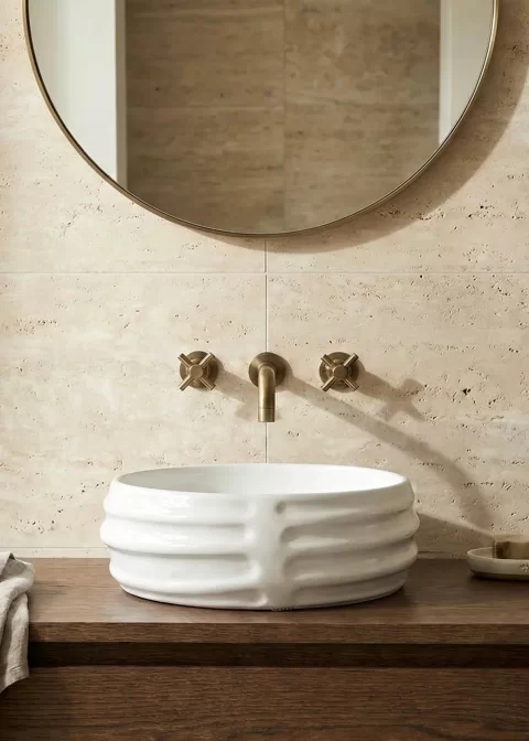 Lavoar ceramic rotund – alb lucios, exterior reliefat modern
