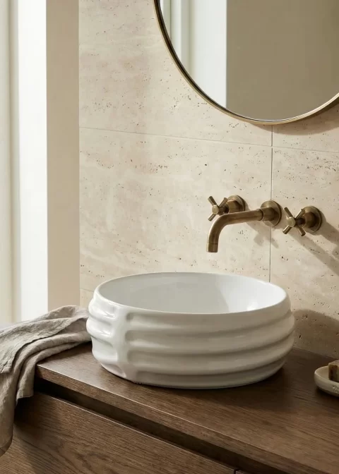 Lavoar ceramic rotund – alb lucios, exterior reliefat modern