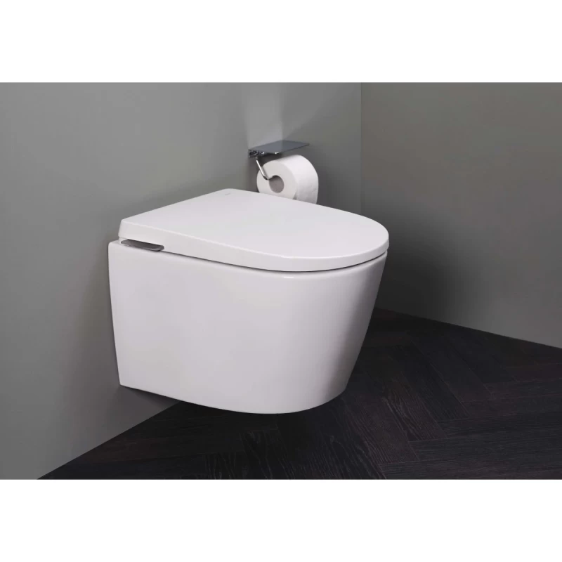 Vas wc cu capac soft-close suspendat rimless Roca Avant cu functie de bideu alb lucios 