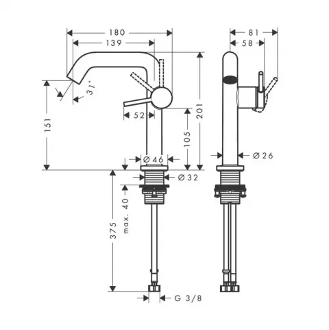 Baterie lavoar Hansgrohe Tecturis S - cu evacuare Push-Open, CoolStart, EcoSmart, negru mat