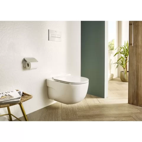 Set Vas WC Roca Meridian suspendat cu capac soft close, Rimless 36x48 cm, evacuare orizontala