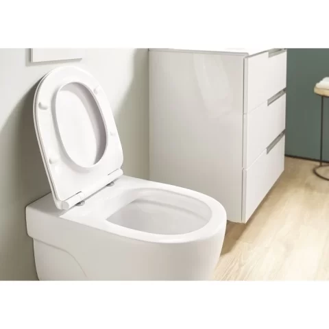 Set Vas WC Roca Meridian suspendat cu capac soft close, Rimless 36x48 cm, evacuare orizontala