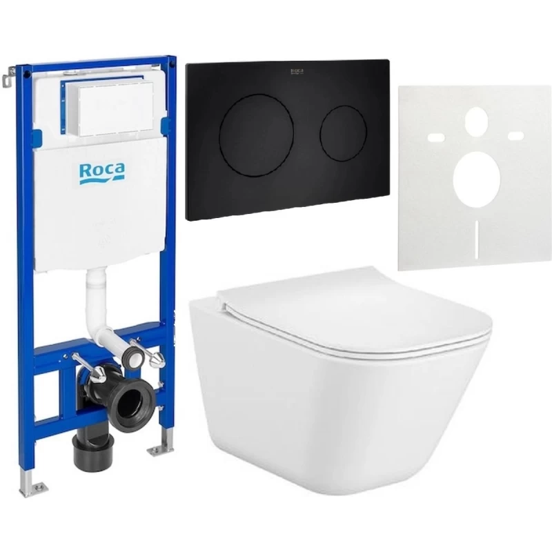 Set vas WC cu capac soft-close Roca Gap Square, Rezervor incastrat si clapeta Roca Duplo One, Garnitura izolare fonica