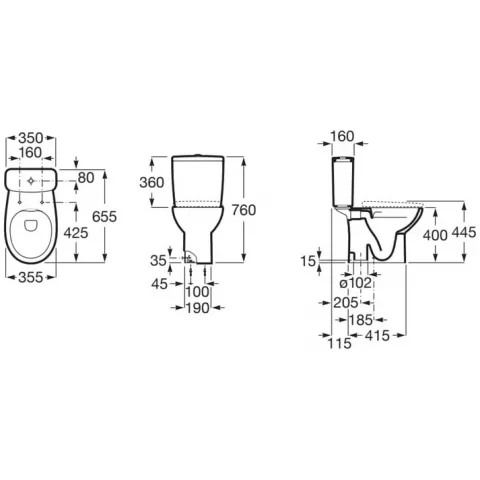 Set Vas WC Roca Victoria-N pe pardoseala cu rezervor aparent si capac, Rimless 35x66 cm evacuare verticala