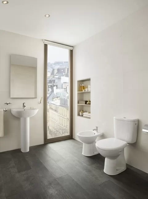 Set Vas WC Roca Adele pe pardoseala cu rezervor aparent si capac 36x65 cm evacuare verticala