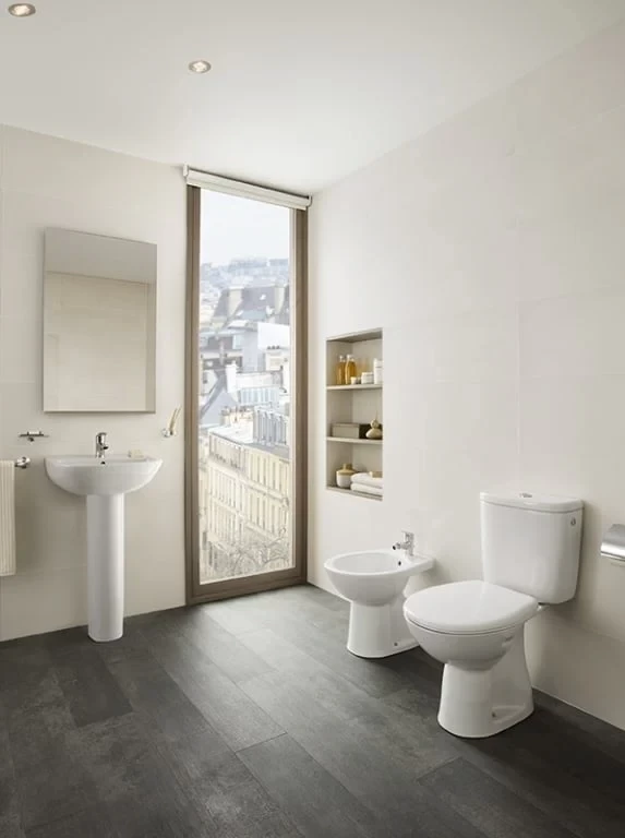 Set Vas WC Roca Adele pe pardoseala cu rezervor aparent si capac 36x65 cm evacuare verticala