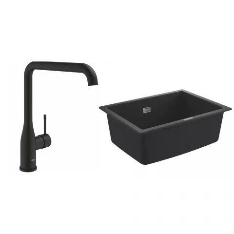 Set chiuveta Grohe K700 din granit 61x46 cm negru si Baterie bucatarie negru mat Grohe Essence pipa pivotanta