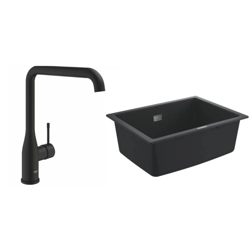 Set chiuveta Grohe K700 din granit 61x46 cm negru si Baterie bucatarie negru mat Grohe Essence pipa pivotanta